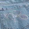 Low-Rise Embroidered Shells Medium Wash Tapered Baggy Ankle Jeans,Low-Rise Embroidered Shells Medium Wash Tapered Baggy Ankle Jeans