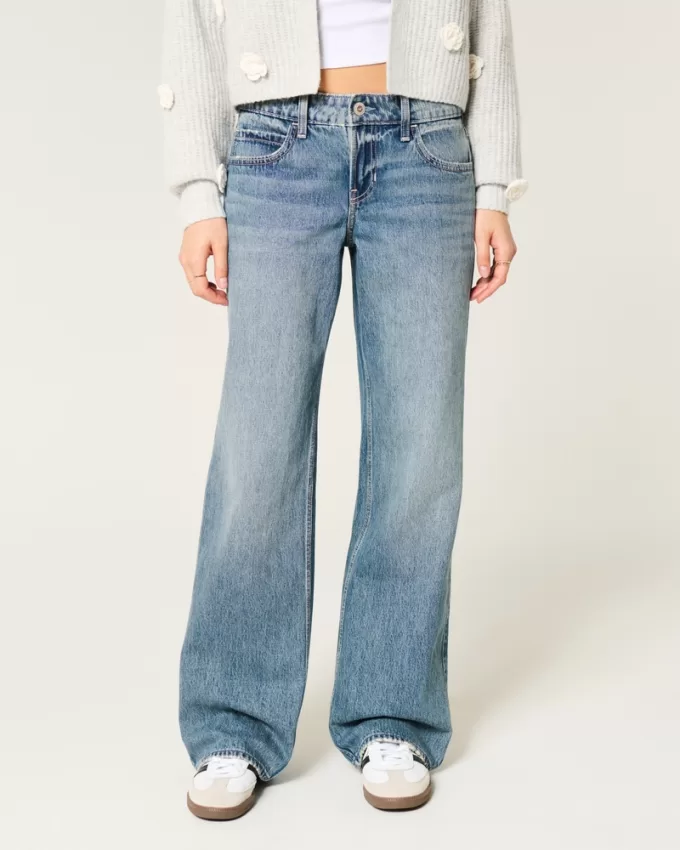 Low-Rise Floral Embroidered Medium Wash Baggy Jeans,Low-Rise Floral Embroidered Medium Wash Baggy Jeans