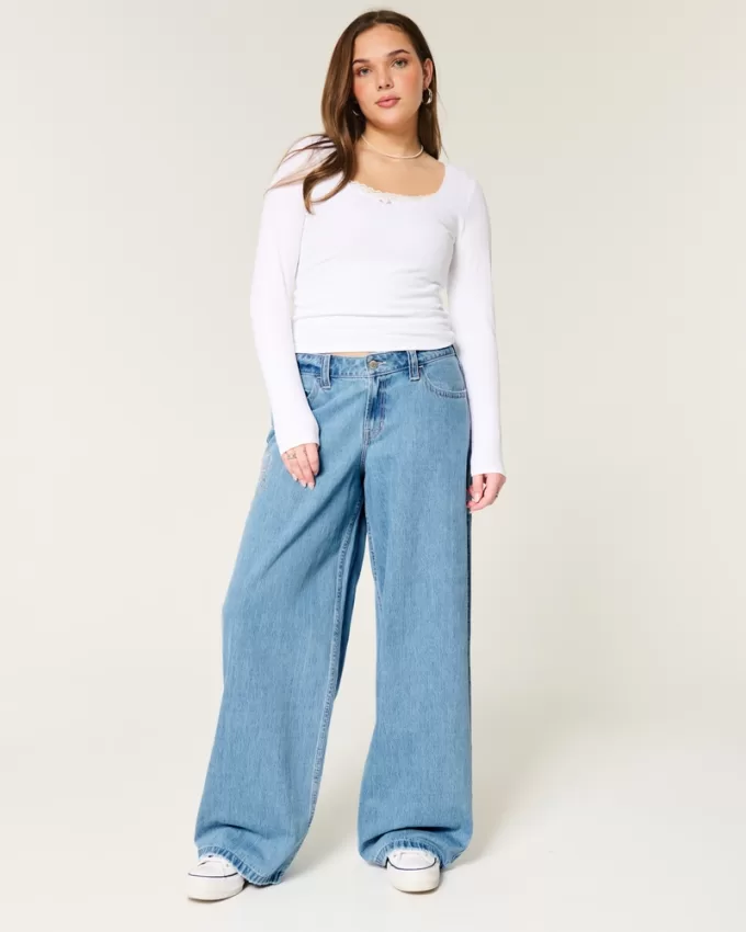 Low-Rise Floral Embroidered Medium Wash Super Baggy Jeans,Low-Rise Floral Embroidered Medium Wash Super Baggy Jeans