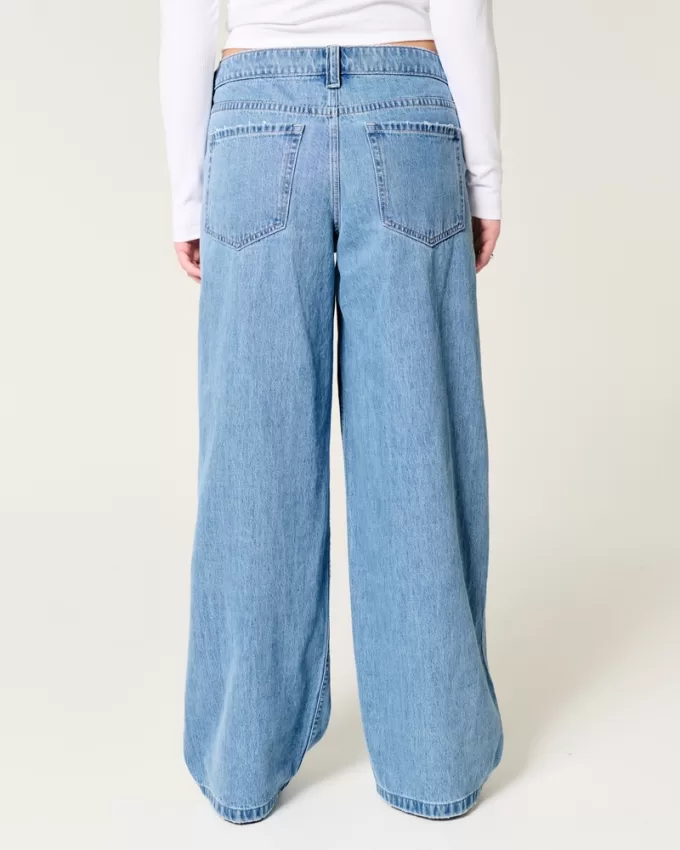 Low-Rise Floral Embroidered Medium Wash Super Baggy Jeans,Low-Rise Floral Embroidered Medium Wash Super Baggy Jeans