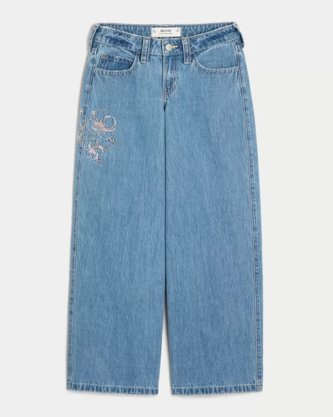 Low-Rise Floral Embroidered Medium Wash Super Baggy Jeans,Low-Rise Floral Embroidered Medium Wash Super Baggy Jeans