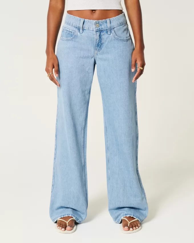 Low-Rise Light Wash Foldover Waist Baggy Jeans,Low-Rise Light Wash Foldover Waist Baggy Jeans