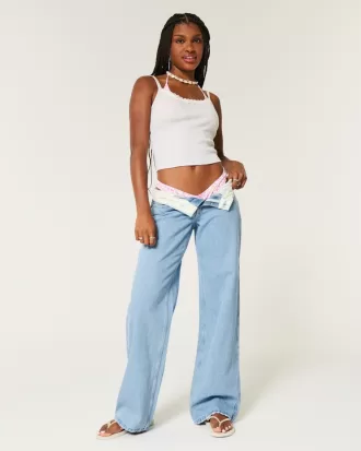 Low-Rise Light Wash Foldover Waist Baggy Jeans,Low-Rise Light Wash Foldover Waist Baggy Jeans