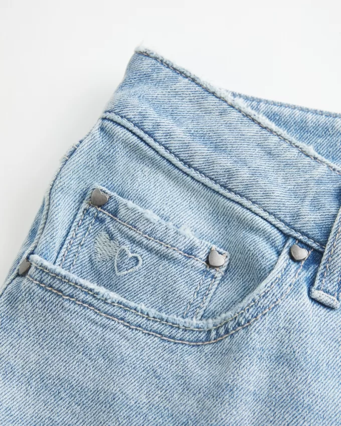 Low-Rise Light Wash Heart Embroidered Straight Jeans,Low-Rise Light Wash Heart Embroidered Straight Jeans