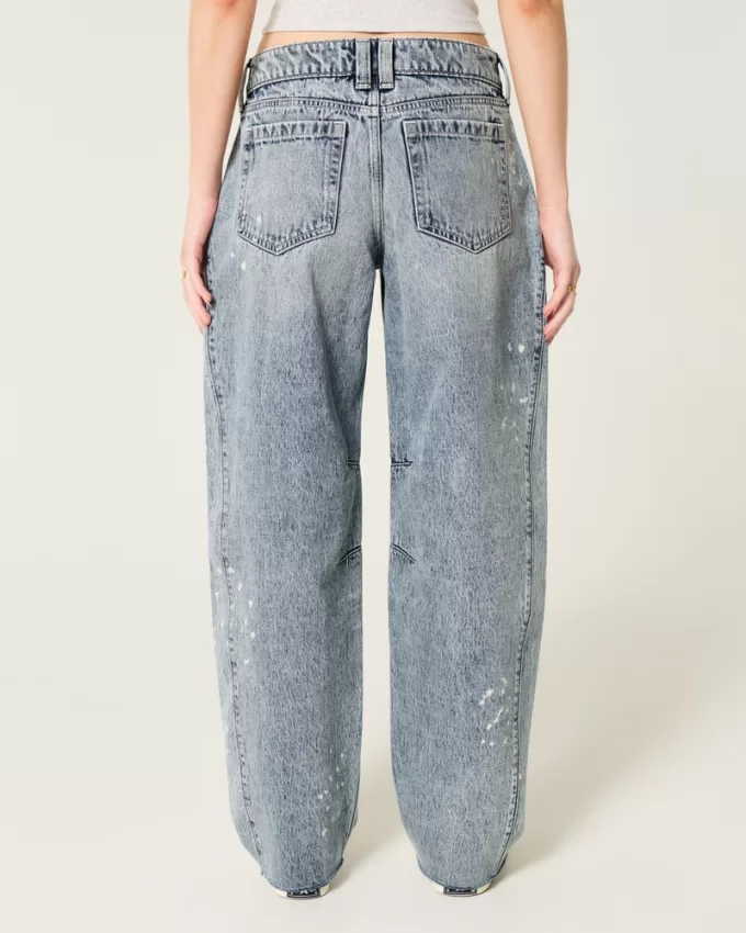 Low-Rise Light Wash Paint Splatter Barrel Jeans,Low-Rise Light Wash Paint Splatter Barrel Jeans