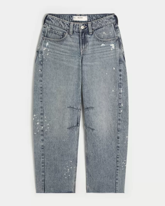 Low-Rise Light Wash Paint Splatter Barrel Jeans,Low-Rise Light Wash Paint Splatter Barrel Jeans