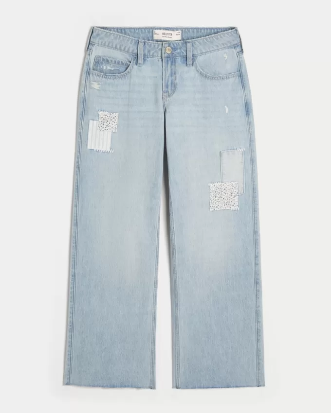 Low-Rise Light Wash Patchwork Baggy Jeans,Low-Rise Light Wash Patchwork Baggy Jeans