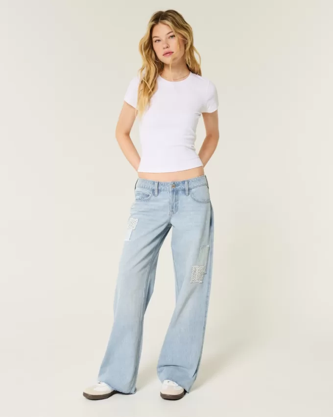 Low-Rise Light Wash Patchwork Baggy Jeans,Low-Rise Light Wash Patchwork Baggy Jeans