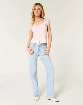 Low-Rise Light Wash Strawberry Graphic Relaxed Straight Jeans,Low-Rise Light Wash Strawberry Graphic Relaxed Straight Jeans