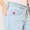 Low-Rise Light Wash Strawberry Graphic Relaxed Straight Jeans,Low-Rise Light Wash Strawberry Graphic Relaxed Straight Jeans