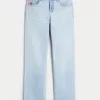 Low-Rise Light Wash Strawberry Graphic Relaxed Straight Jeans,Low-Rise Light Wash Strawberry Graphic Relaxed Straight Jeans