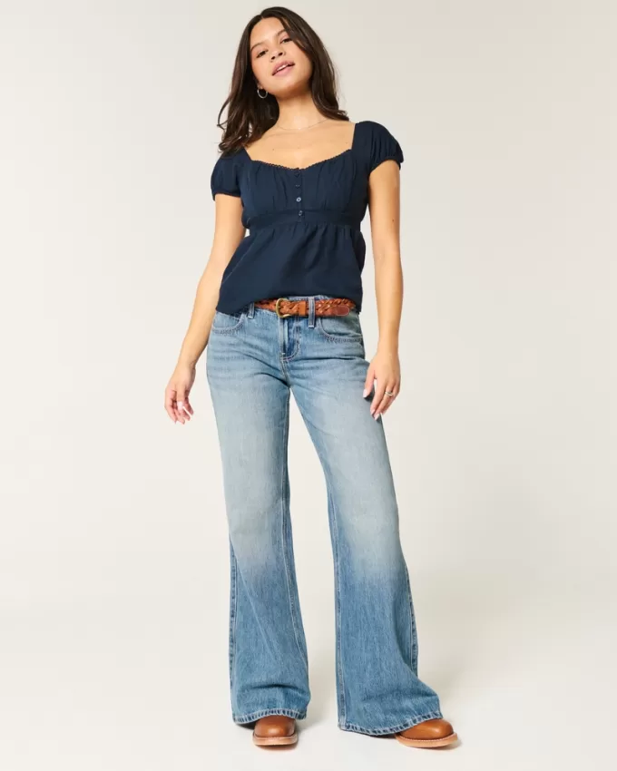 Low-Rise Medium Wash Baggy Flare Jeans,Low-Rise Medium Wash Baggy Flare Jeans