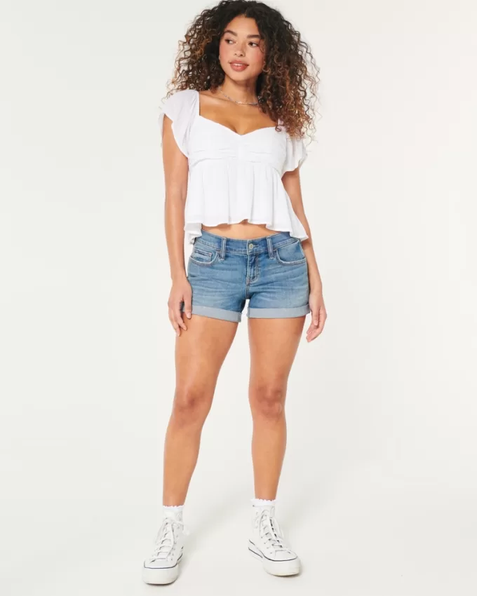 Low-Rise Medium Wash Denim Shorts,Low-Rise Medium Wash Denim Shorts