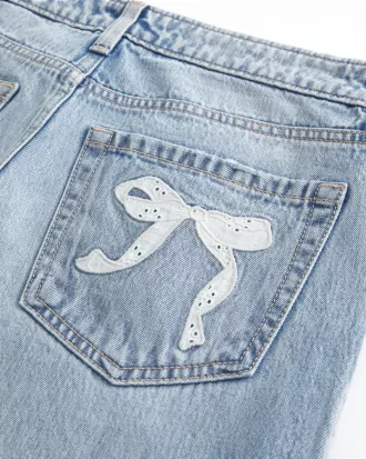 Low-Rise Medium Wash Eyelet Bow Loose Jeans,Low-Rise Medium Wash Eyelet Bow Loose Jeans