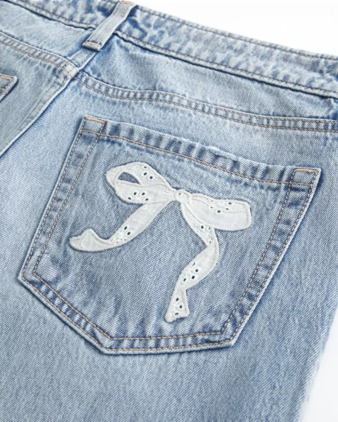 Low-Rise Medium Wash Eyelet Bow Loose Jeans,Low-Rise Medium Wash Eyelet Bow Loose Jeans