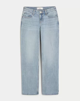 Low-Rise Medium Wash Eyelet Bow Loose Jeans,Low-Rise Medium Wash Eyelet Bow Loose Jeans