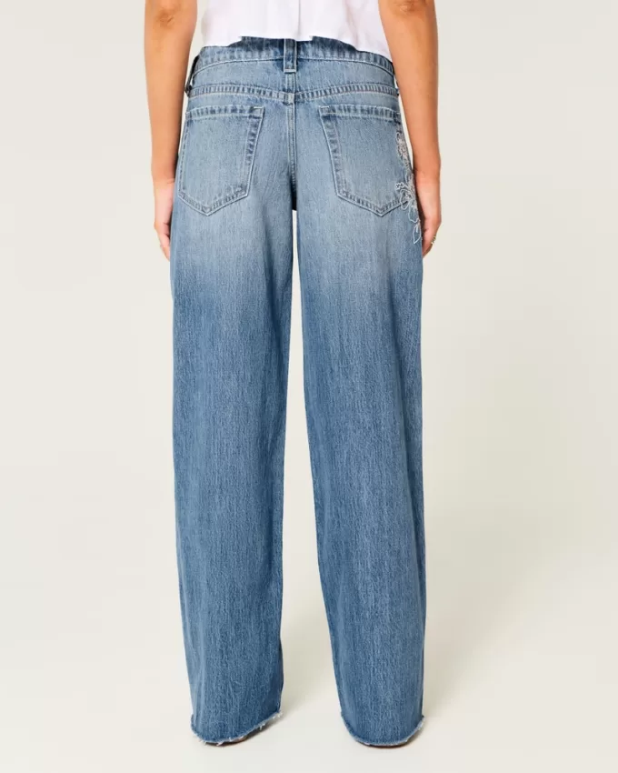 Low-Rise Medium Wash Floral Embroidery Super Baggy Jeans,Low-Rise Medium Wash Floral Embroidery Super Baggy Jeans