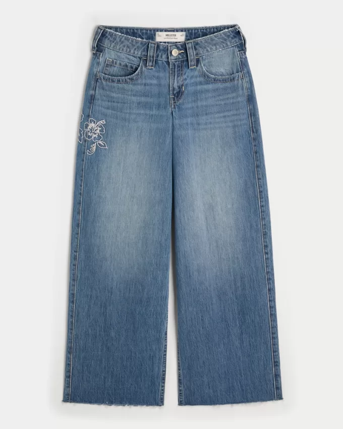 Low-Rise Medium Wash Floral Embroidery Super Baggy Jeans,Low-Rise Medium Wash Floral Embroidery Super Baggy Jeans