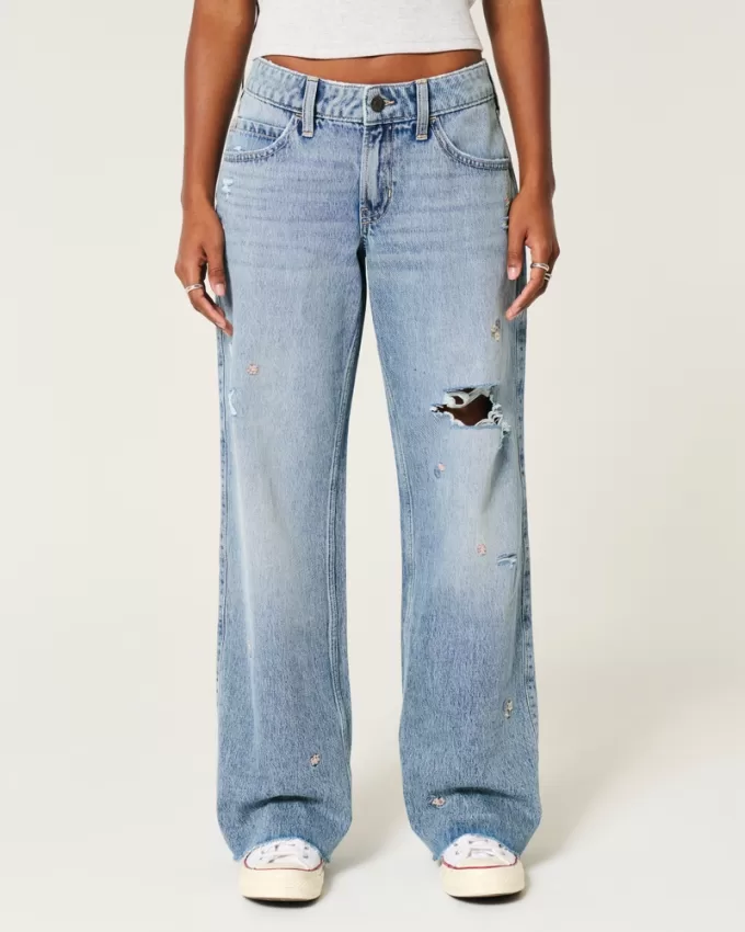 Low-Rise Medium Wash Floral Ripped Baggy Jeans,Low-Rise Medium Wash Floral Ripped Baggy Jeans