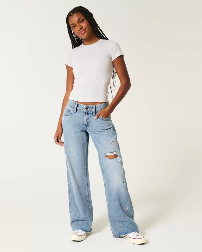 Low-Rise Medium Wash Floral Ripped Baggy Jeans,Low-Rise Medium Wash Floral Ripped Baggy Jeans