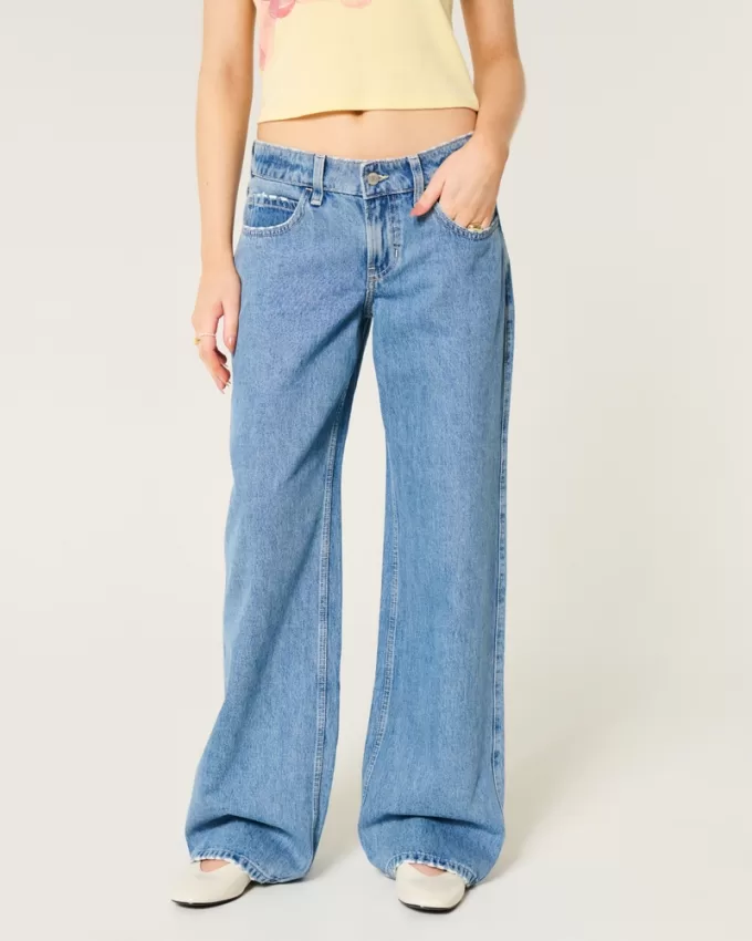 Low-Rise Medium Wash Foldover Waist Baggy Jean,Low-Rise Medium Wash Foldover Waist Baggy Jean