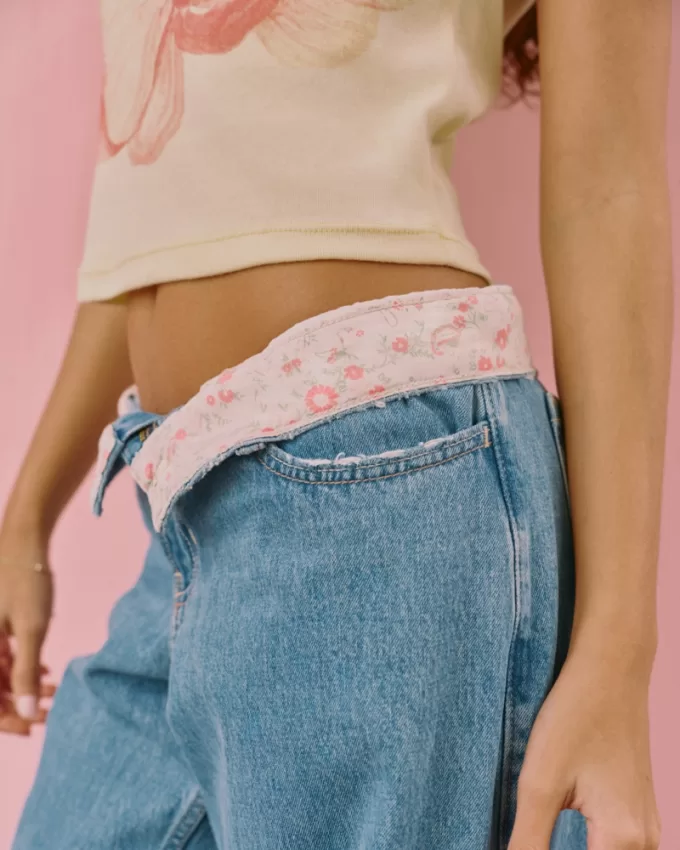 Low-Rise Medium Wash Foldover Waist Baggy Jean,Low-Rise Medium Wash Foldover Waist Baggy Jean