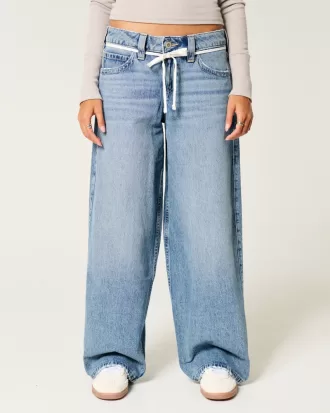 Low-Rise Medium Wash Shoelace Super Baggy Jeans,Low-Rise Medium Wash Shoelace Super Baggy Jeans