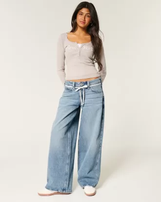 Low-Rise Medium Wash Shoelace Super Baggy Jeans,Low-Rise Medium Wash Shoelace Super Baggy Jeans