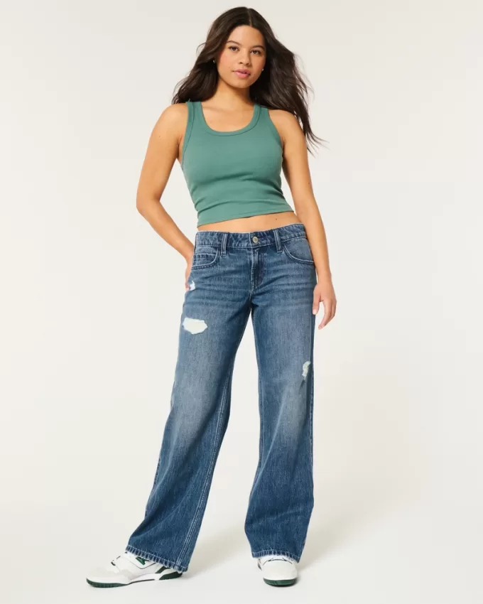 Low-Rise Ripped Dark Wash Baggy Jeans,Low-Rise Ripped Dark Wash Baggy Jeans