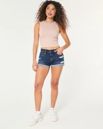 Low-Rise Ripped Dark Wash Denim Shorts,Low-Rise Ripped Dark Wash Denim Shorts