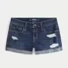 Low-Rise Ripped Dark Wash Denim Shorts,Low-Rise Ripped Dark Wash Denim Shorts