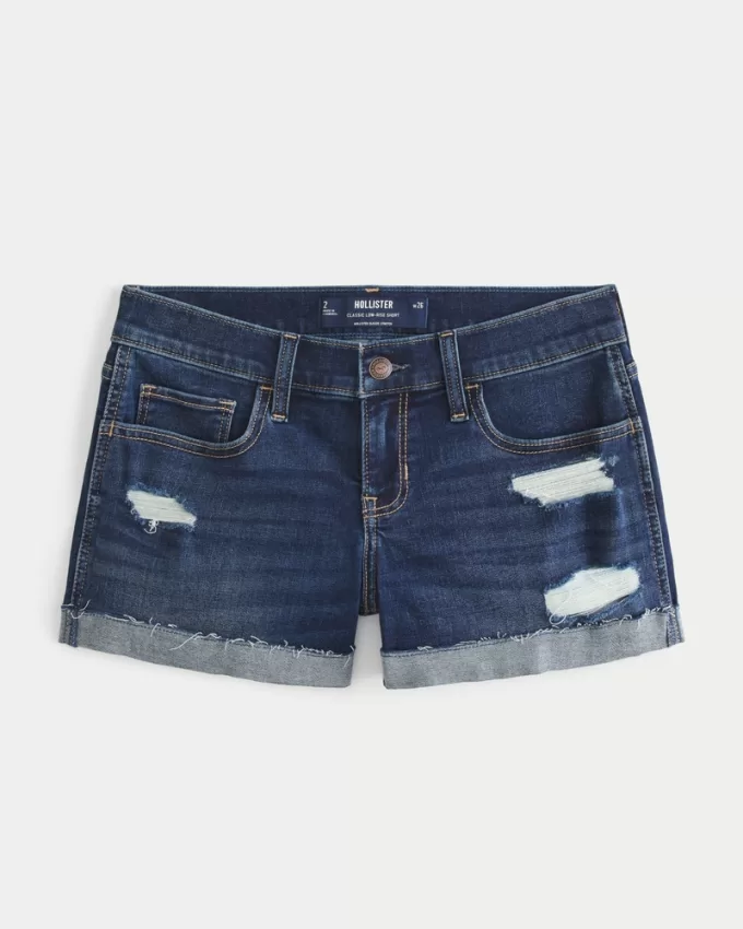 Low-Rise Ripped Dark Wash Denim Shorts,Low-Rise Ripped Dark Wash Denim Shorts