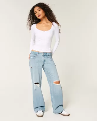 Low-Rise Ripped Light Wash Baggy Jeans,Low-Rise Ripped Light Wash Baggy Jeans