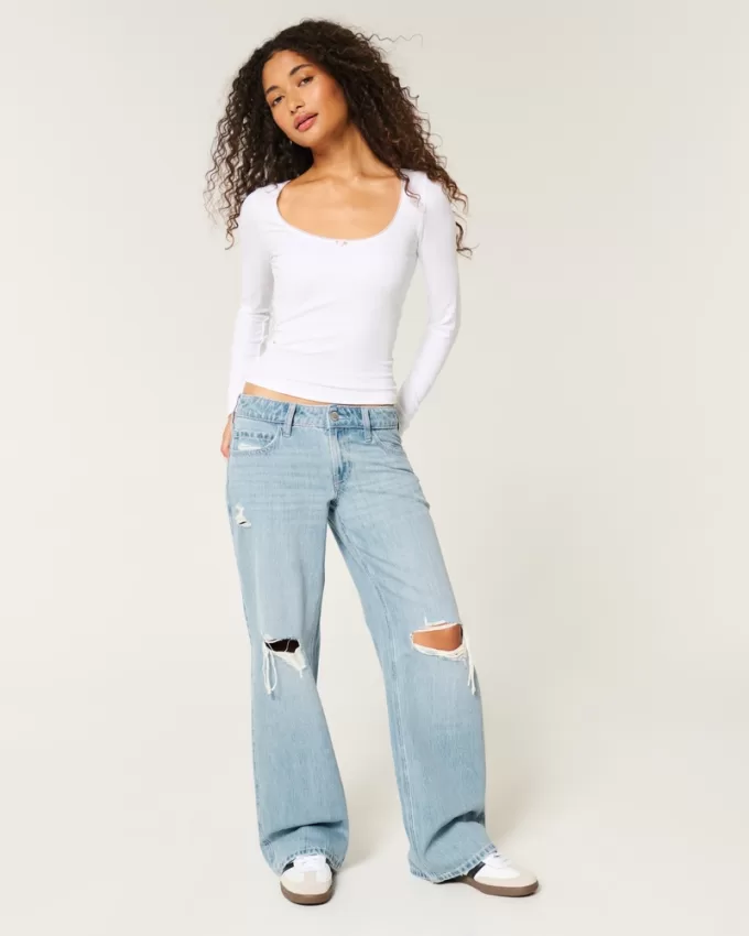 Low-Rise Ripped Light Wash Baggy Jeans,Low-Rise Ripped Light Wash Baggy Jeans