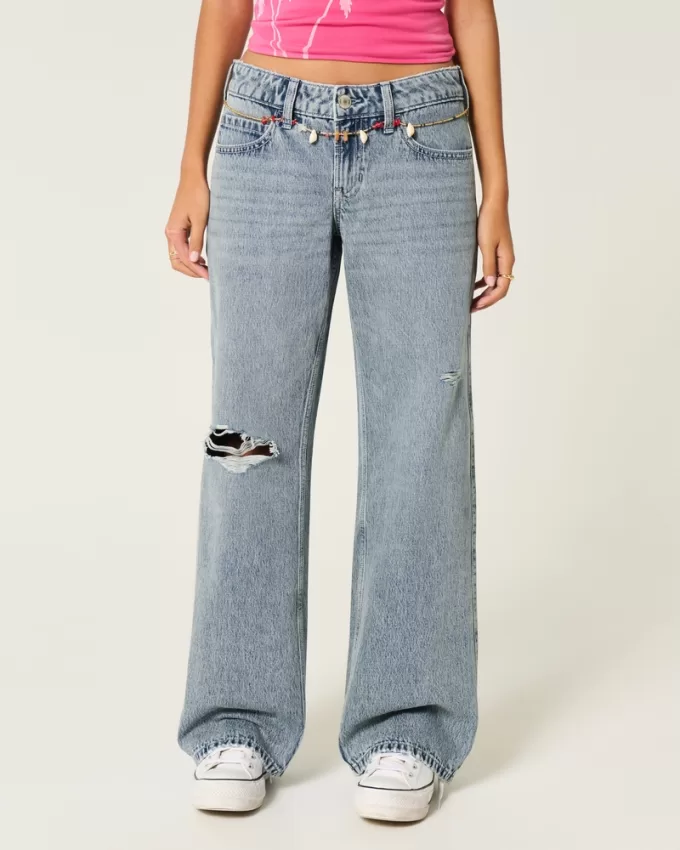 Low-Rise Ripped Light Wash Baggy Jeans,Low-Rise Ripped Light Wash Baggy Jeans