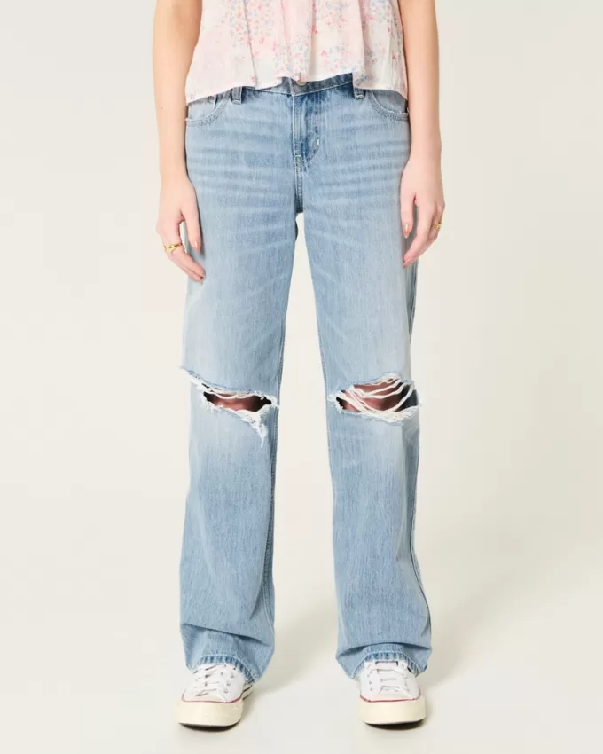 Low-Rise Ripped Light Wash Loose Jeans,Low-Rise Ripped Light Wash Loose Jeans