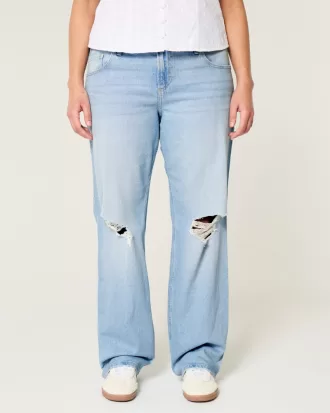 Low-Rise Ripped Light Wash Relaxed Straight Jeans,Low-Rise Ripped Light Wash Relaxed Straight Jeans
