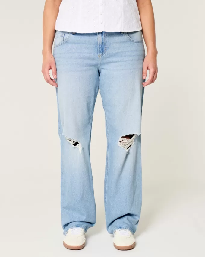 Low-Rise Ripped Light Wash Relaxed Straight Jeans,Low-Rise Ripped Light Wash Relaxed Straight Jeans