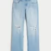 Low-Rise Ripped Light Wash Relaxed Straight Jeans,Low-Rise Ripped Light Wash Relaxed Straight Jeans