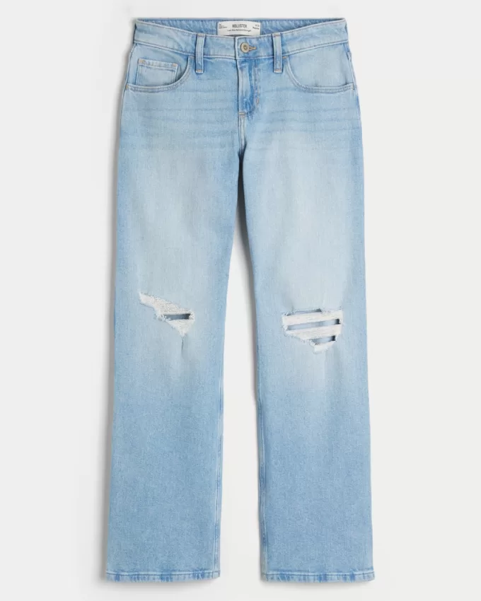 Low-Rise Ripped Light Wash Relaxed Straight Jeans,Low-Rise Ripped Light Wash Relaxed Straight Jeans