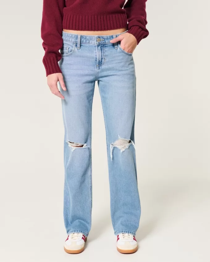 Low-Rise Ripped Medium Wash Relaxed Straight Jeans,Low-Rise Ripped Medium Wash Relaxed Straight Jeans