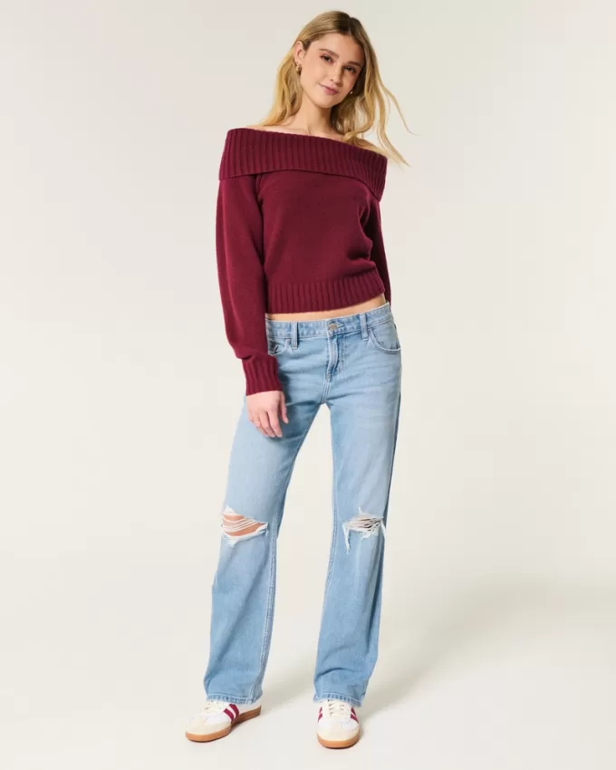 Low-Rise Ripped Medium Wash Relaxed Straight Jeans,Low-Rise Ripped Medium Wash Relaxed Straight Jeans