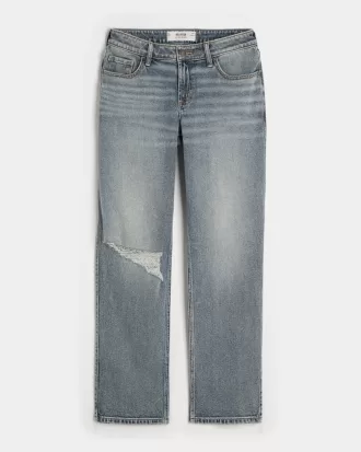 Low-Rise Ripped Medium Wash Straight Jeans,Low-Rise Ripped Medium Wash Straight Jeans