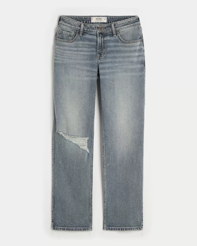 Low-Rise Ripped Medium Wash Straight Jeans,Low-Rise Ripped Medium Wash Straight Jeans