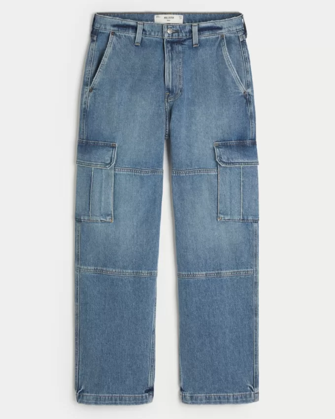 Medium Wash Baggy Cargo Jeans,Medium Wash Baggy Cargo Jeans