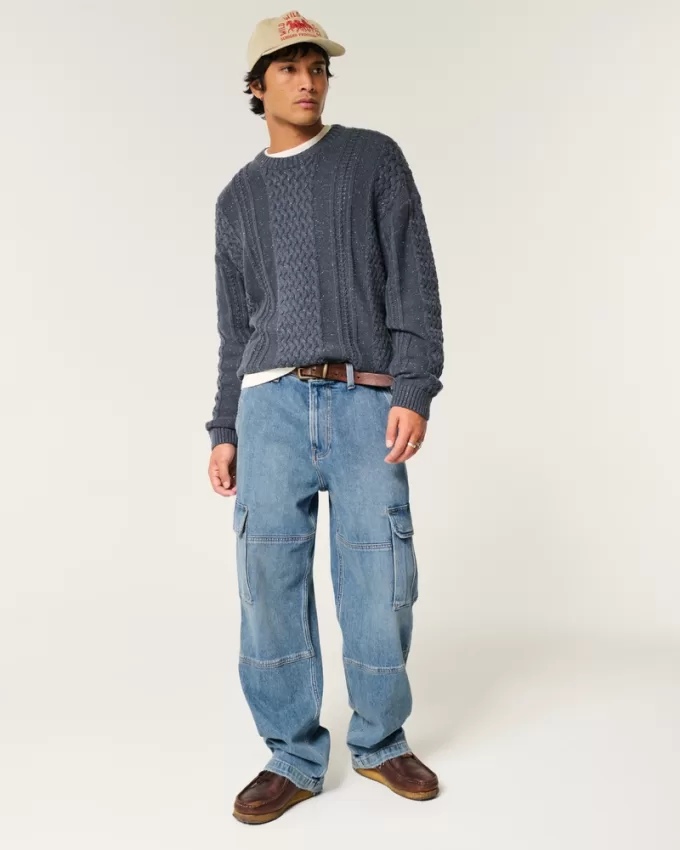 Medium Wash Baggy Cargo Jeans,Medium Wash Baggy Cargo Jeans