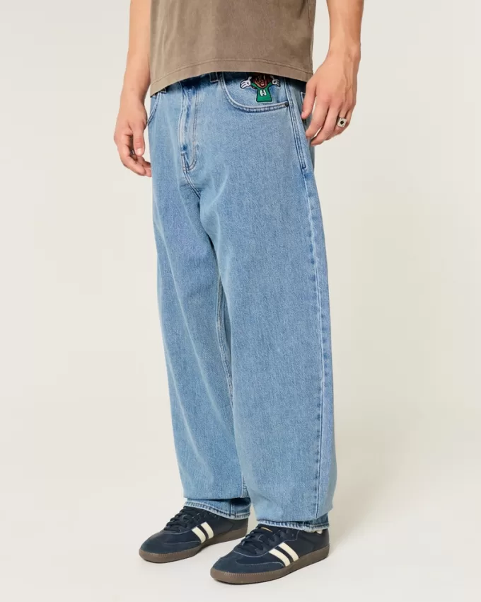 Medium Wash Embroidered Graphic Baggy Skater Jeans,Medium Wash Embroidered Graphic Baggy Skater Jeans