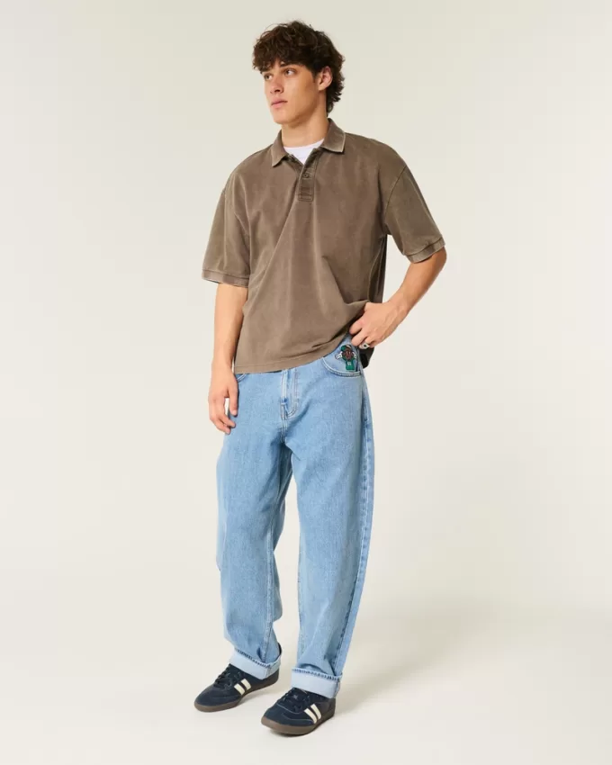 Medium Wash Embroidered Graphic Baggy Skater Jeans,Medium Wash Embroidered Graphic Baggy Skater Jeans