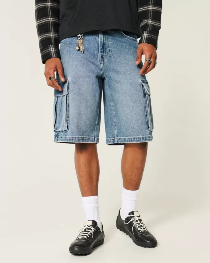Medium Wash Super Baggy Denim Cargo Shorts,Medium Wash Super Baggy Denim Cargo Shorts