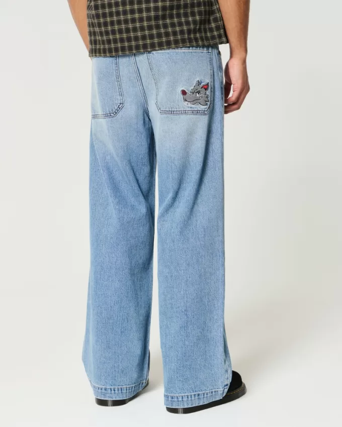 Medium Wash Wolf Graphic Super Baggy Jeans,Medium Wash Wolf Graphic Super Baggy Jeans Medium Wash Wolf Graphic Super Baggy Jeans,Medium Wash Wolf Graphic Super Baggy Jeans